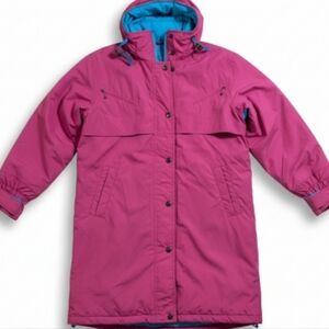 Vintage 1980s Pink Teal Parka Jacket Long Coat Women Large River Edge Ski Winter